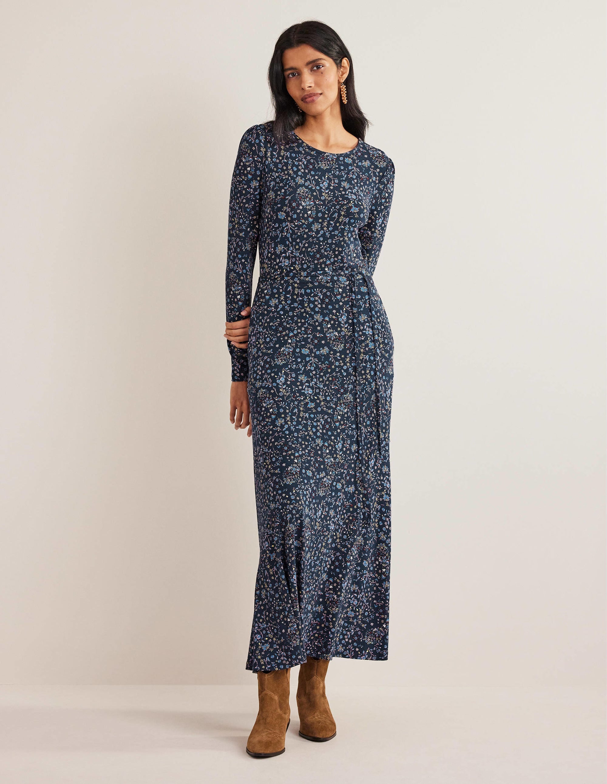 Skirt Detail Jersey Midi Dress-Navy, Wildflower Paisley - Image 4