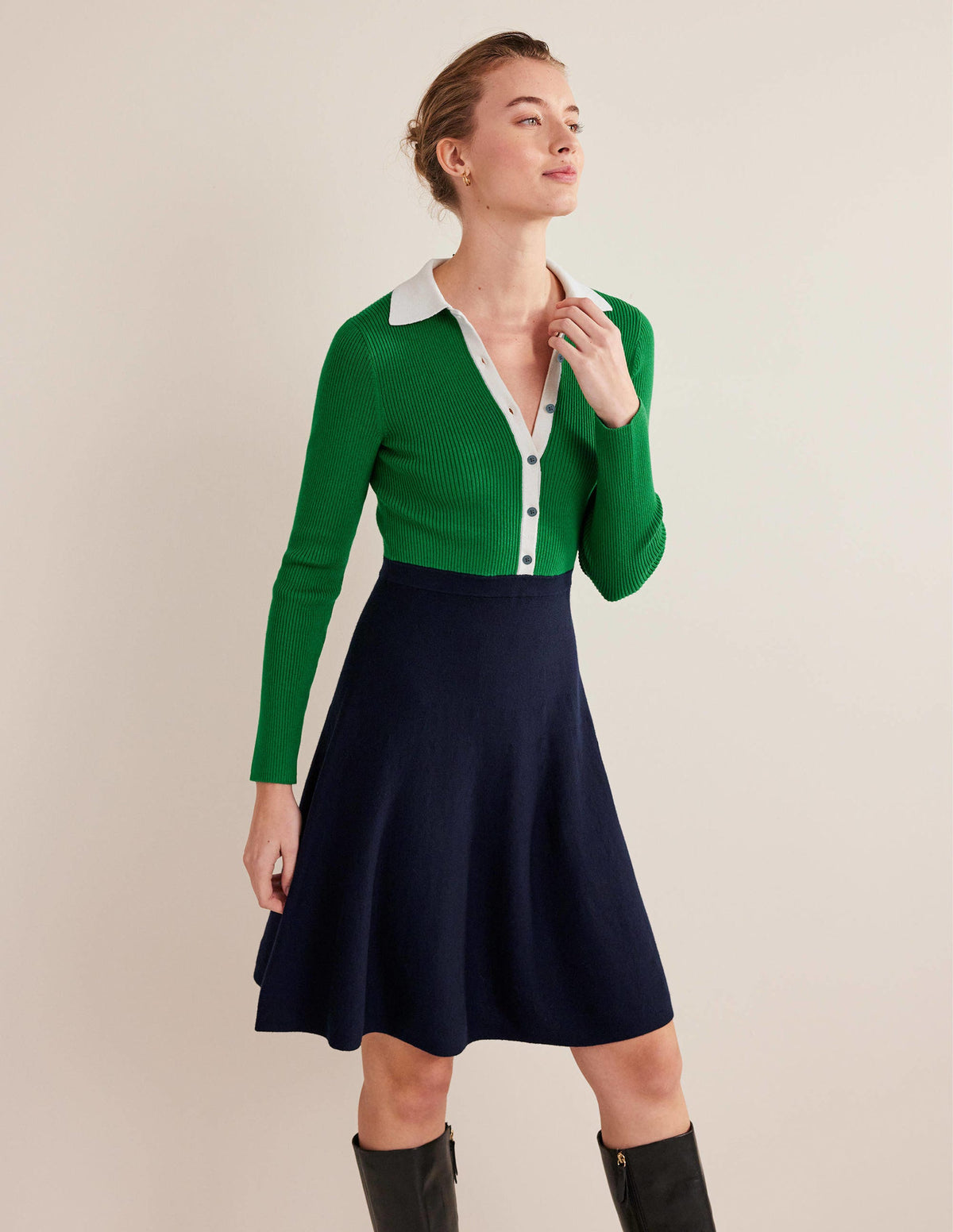 Mini-Strickkleid mit Rippdetails-Grün/Navy, Blockfarben - Image 1