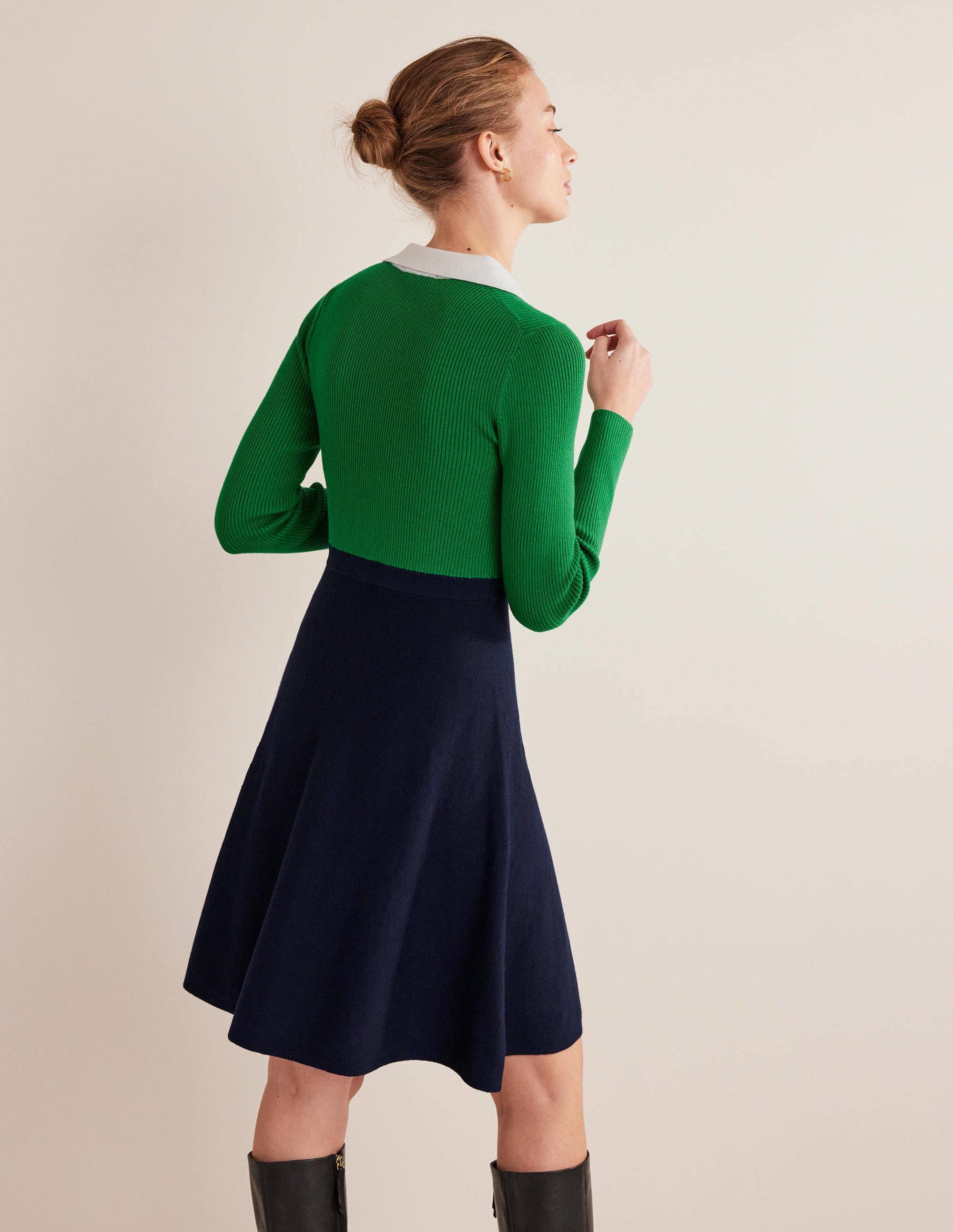 Mini-Strickkleid mit Rippdetails-Grün/Navy, Blockfarben - Image 3