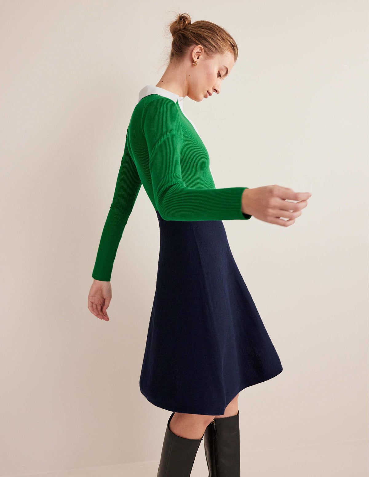 Mini-Strickkleid mit Rippdetails-Grün/Navy, Blockfarben-4