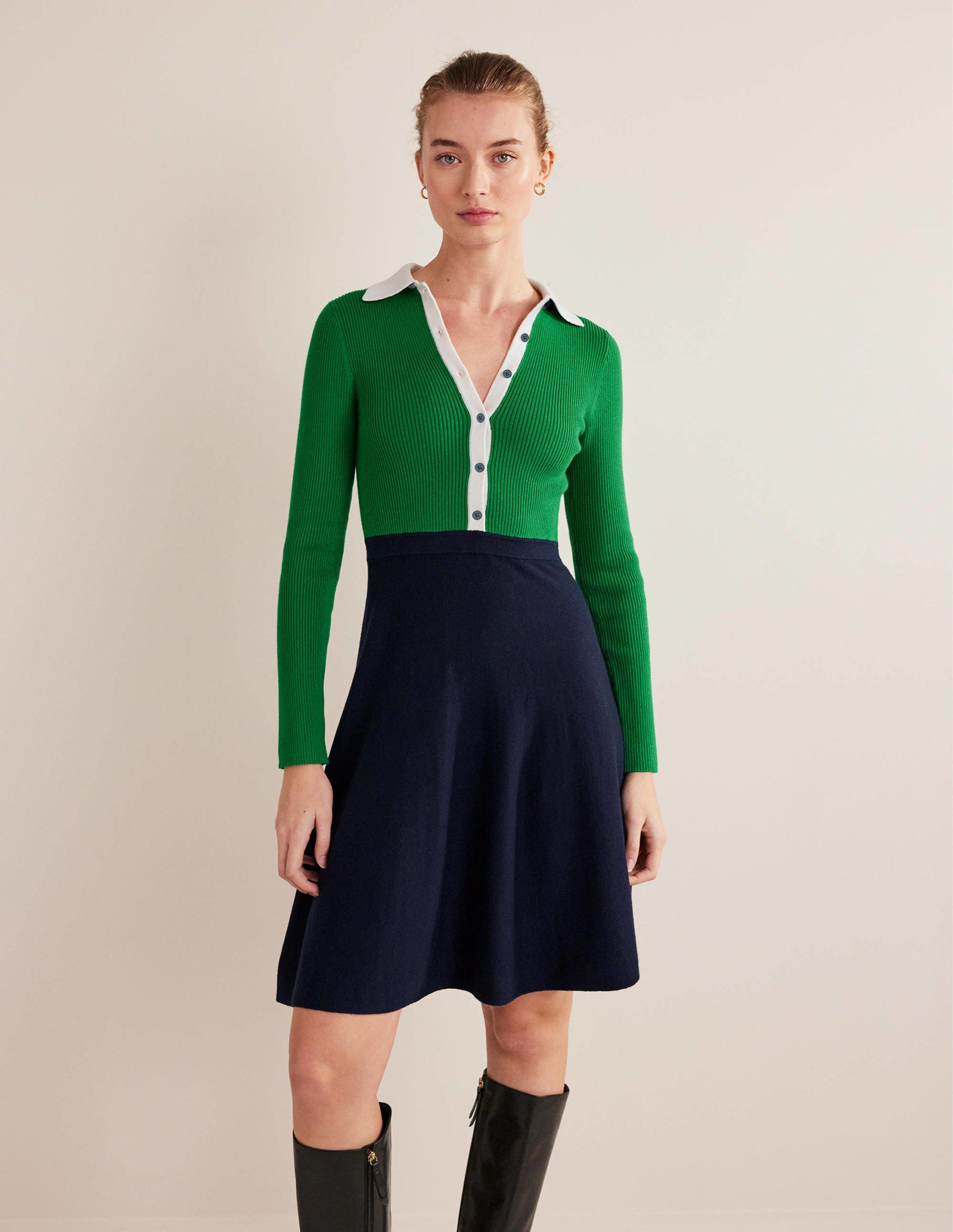 Mini-Strickkleid mit Rippdetails-Grün/Navy, Blockfarben-5