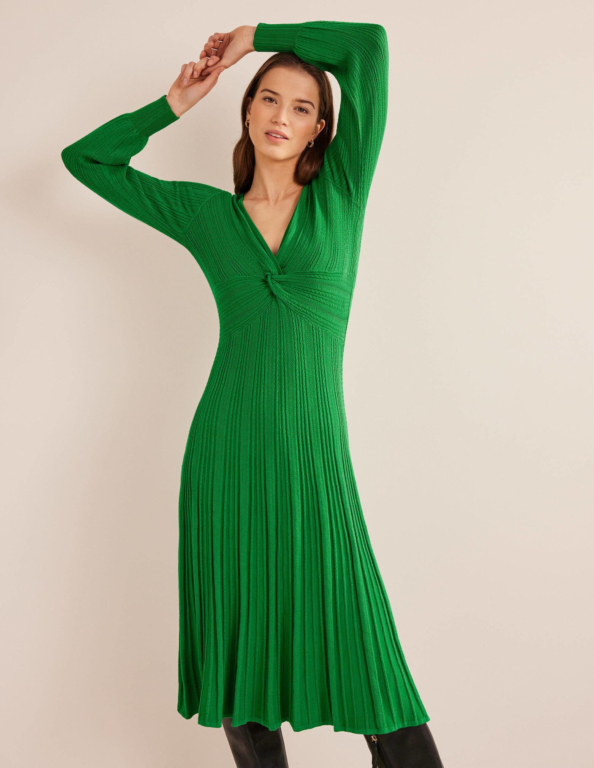 Robe midi torsadée sur le devant en maille-Vert des Highlands - Image 1