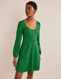 Button Front Jersey Mini Dress-Green Bee, Tulip Sprig