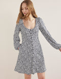 Button Front Jersey Mini Dress-French Navy, Tulip Sprig