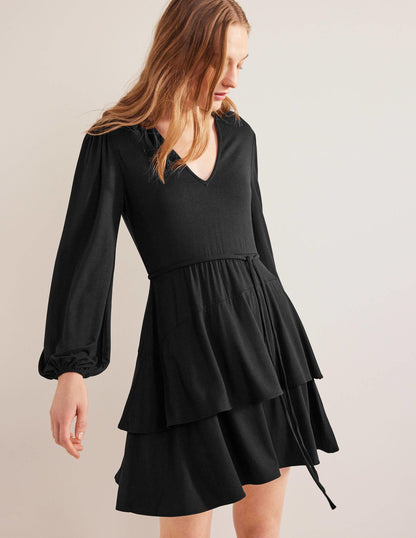 Tiered Mini Jersey Dress-Black