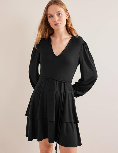 Mini-robe en jersey à volants-Noir