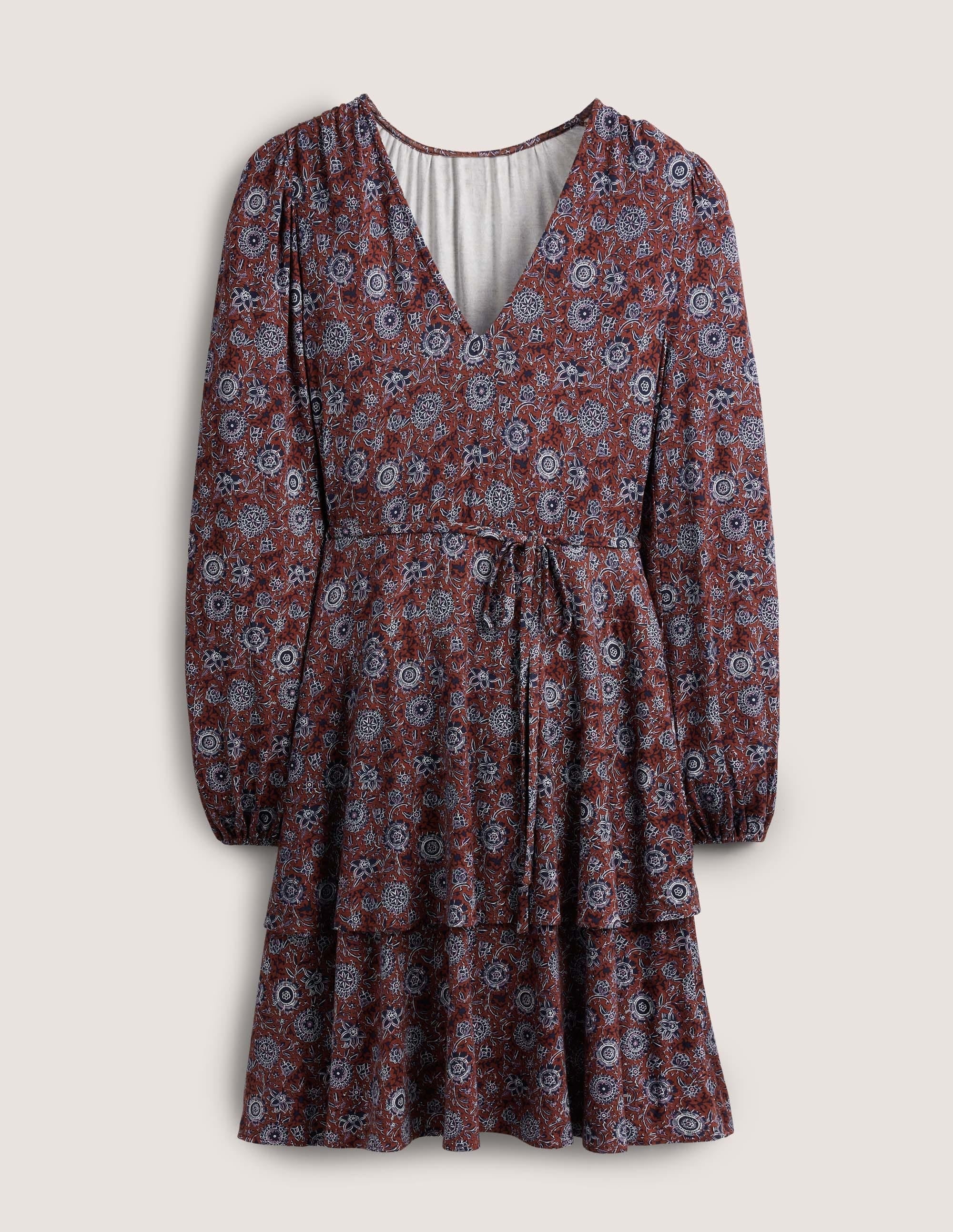 Gestuftes Jersey-Minikleid-Bratapfel, Florales Gobelinmuster - Image 5