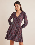 Gestuftes Jersey-Minikleid-Bratapfel, Florales Gobelinmuster