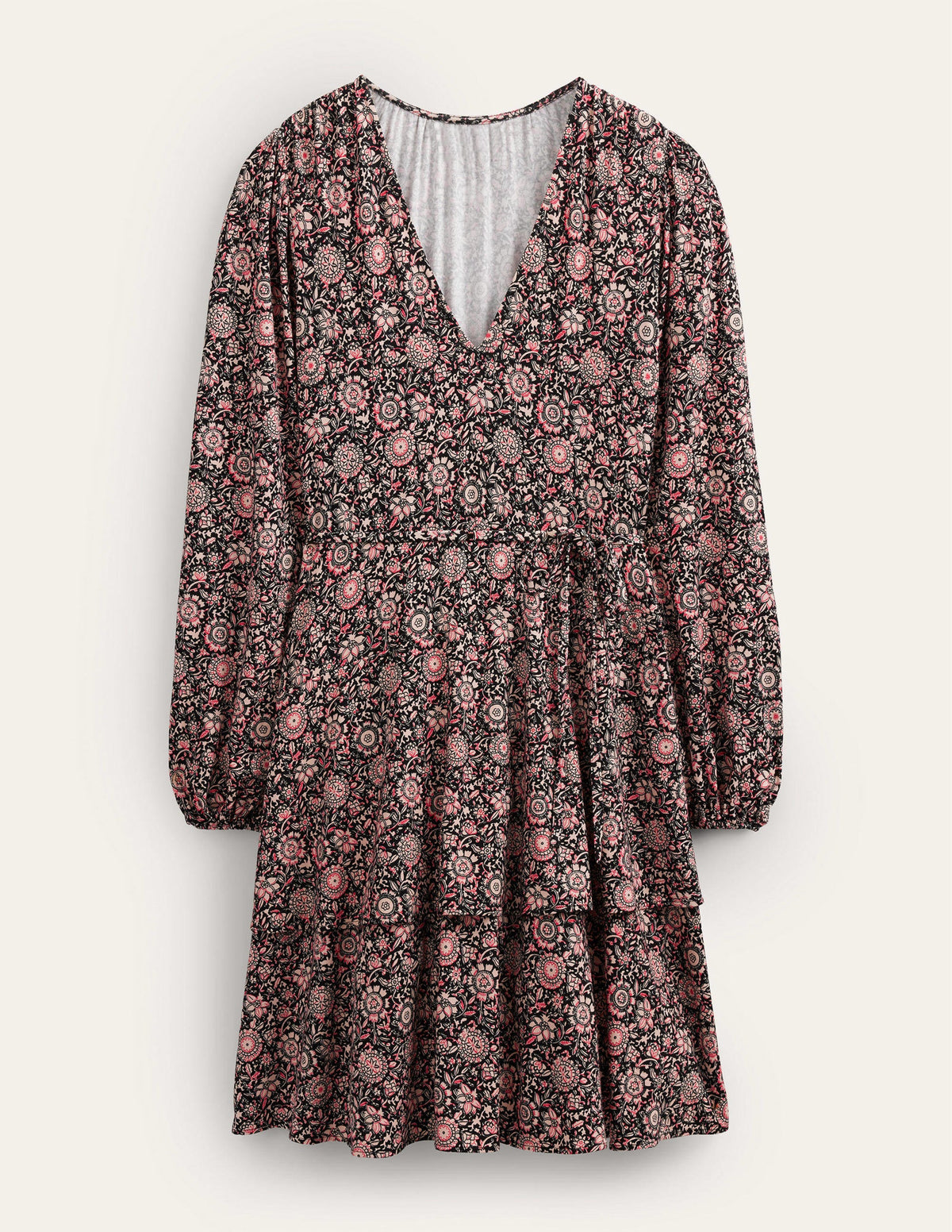Gestuftes Jersey-Minikleid-Popcornbeige, Florales Gobelinmuster-6