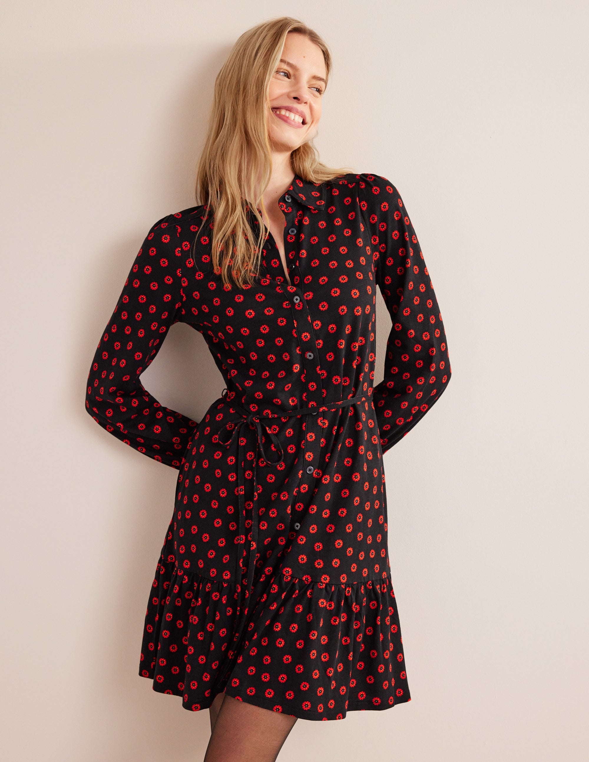 Tiered Jersey Shirt Mini Dress-Black, Petunia Bud - Image 1