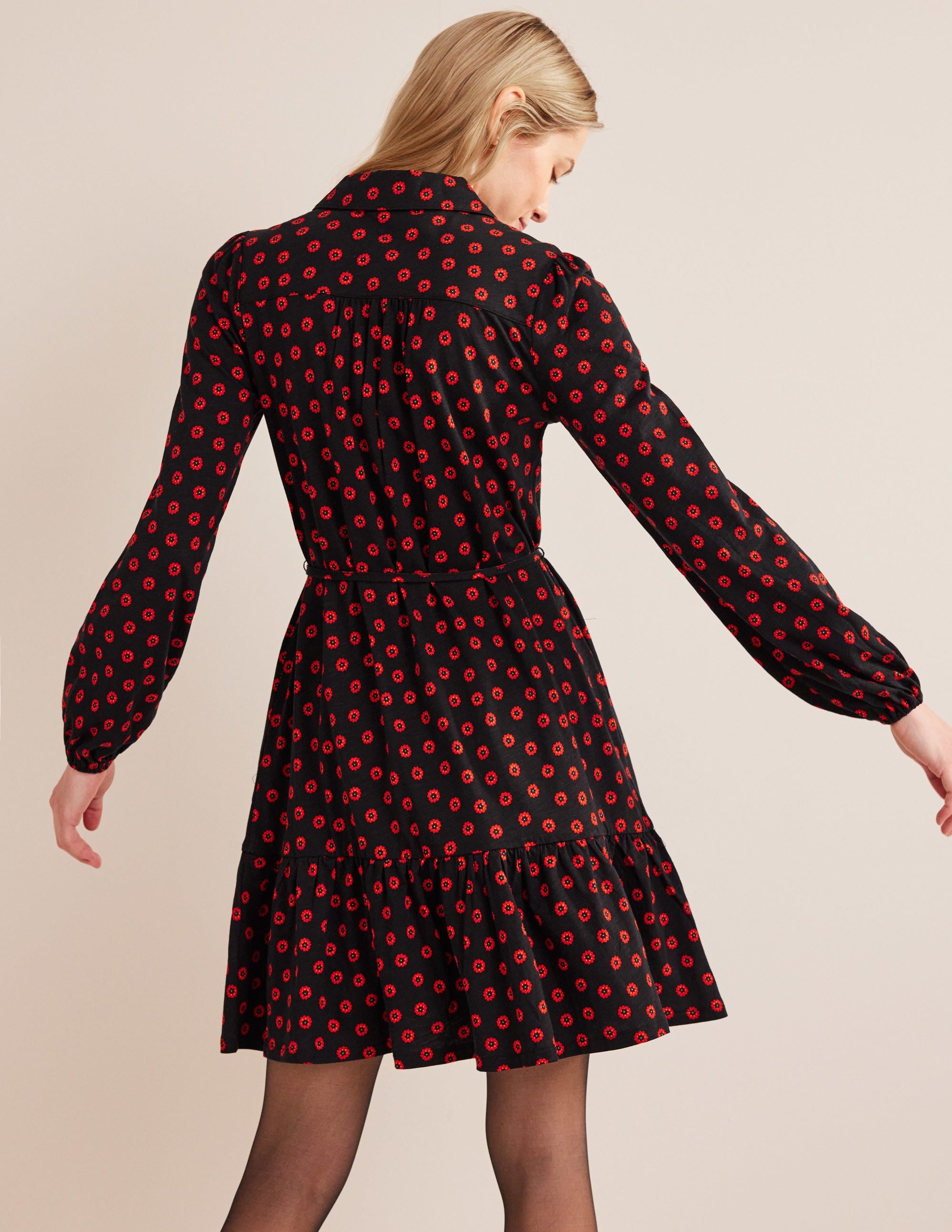 Tiered Jersey Shirt Mini Dress-Black, Petunia Bud - Image 3