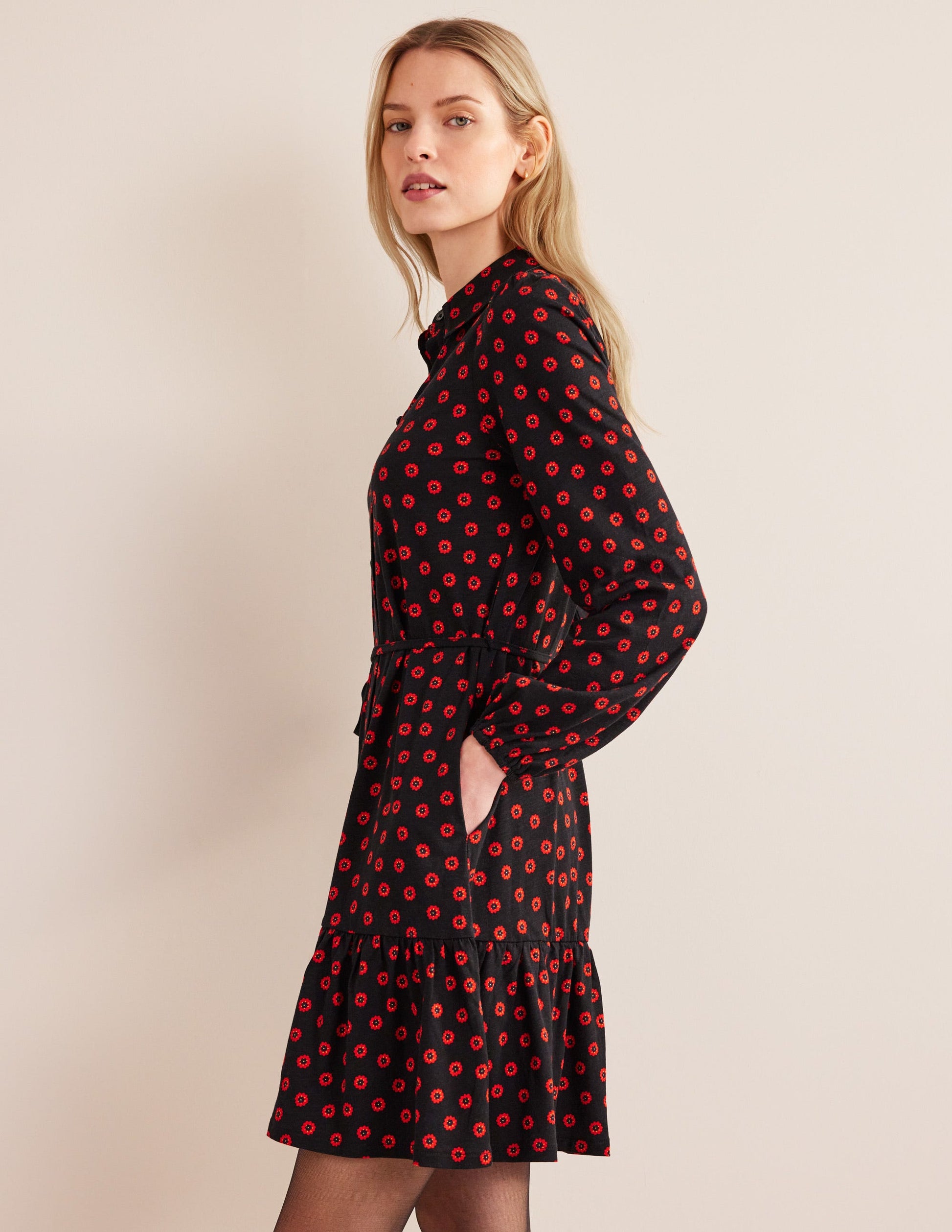 Tiered Jersey Shirt Mini Dress-Black, Petunia Bud-4