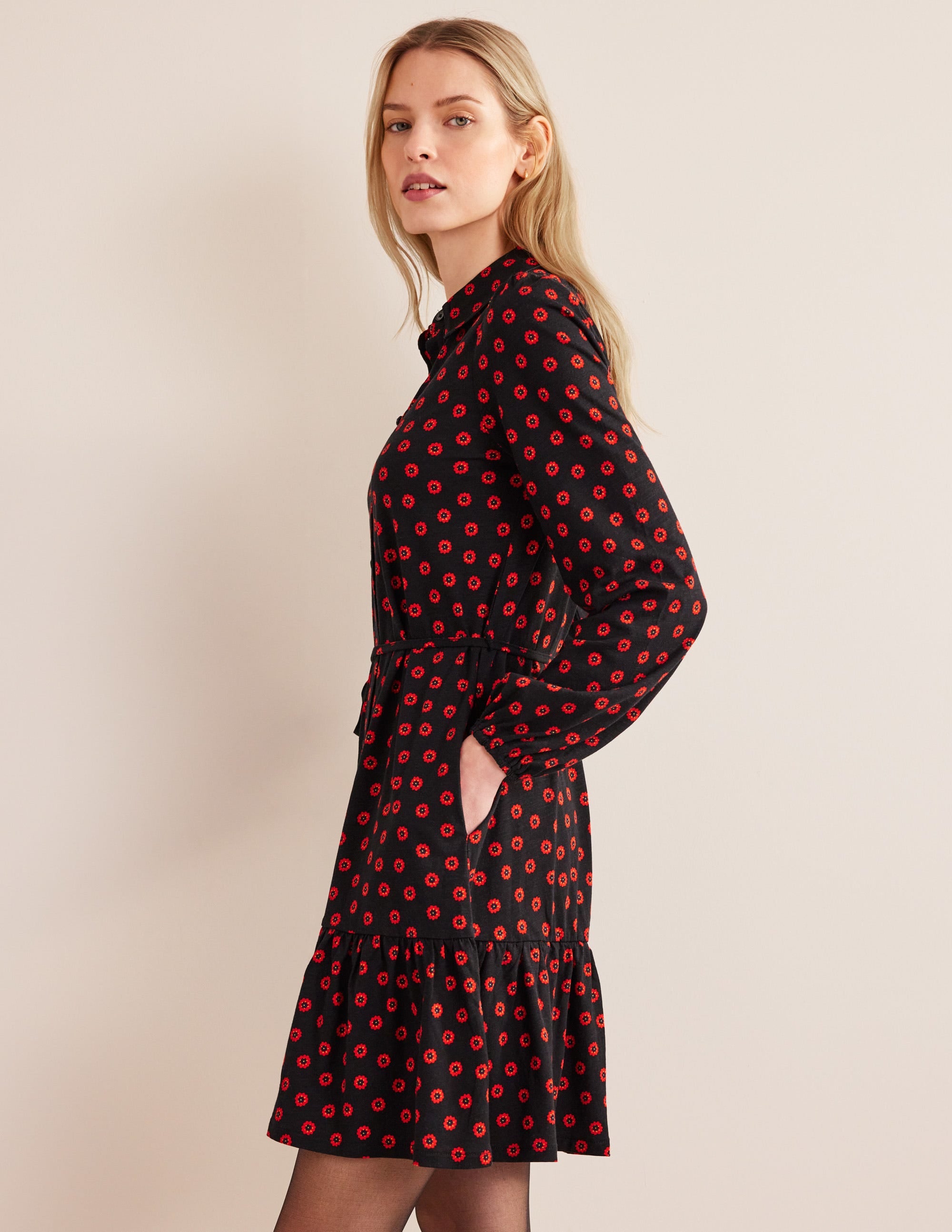 Tiered Jersey Shirt Mini Dress-Black, Petunia Bud - Image 4