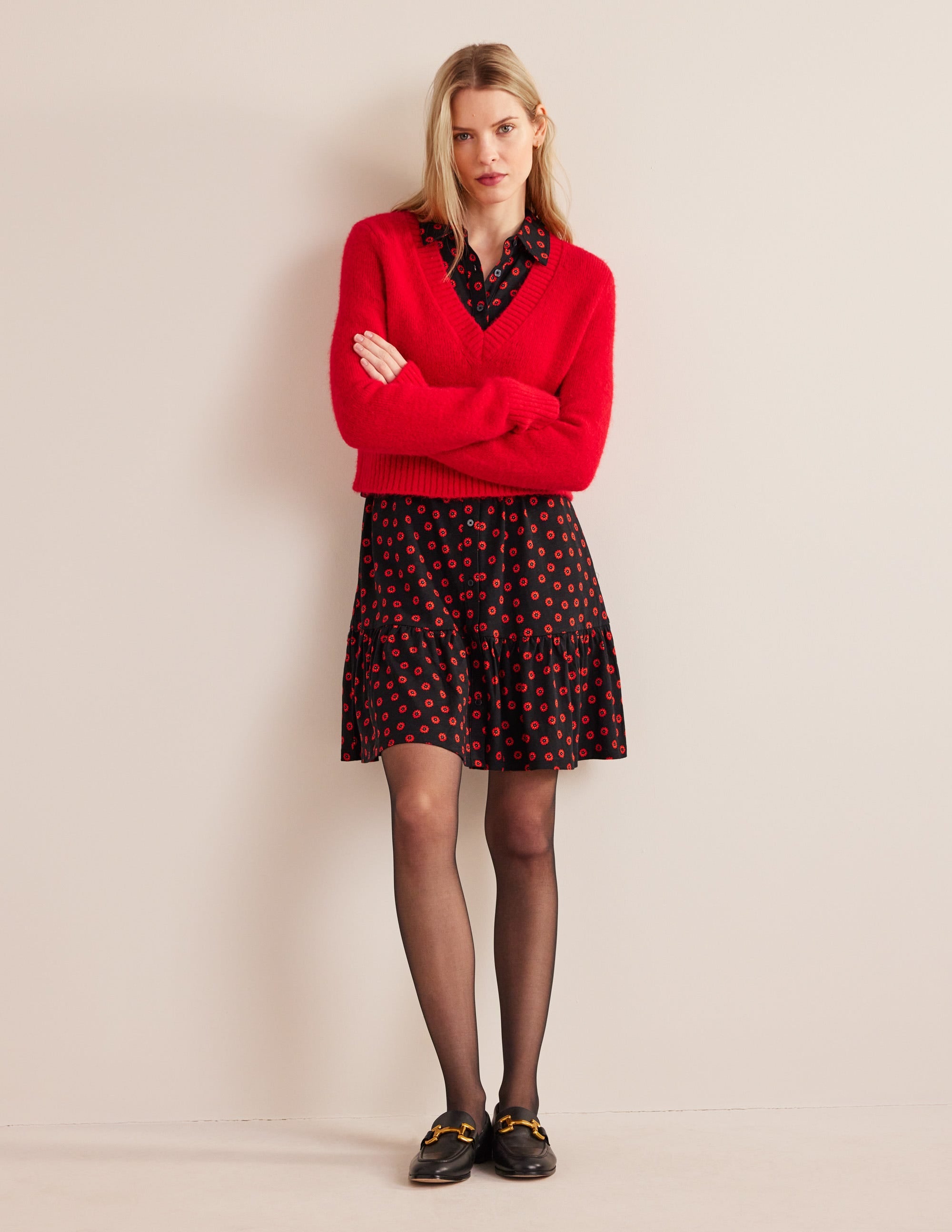 Tiered Jersey Shirt Mini Dress-Black, Petunia Bud - Image 5
