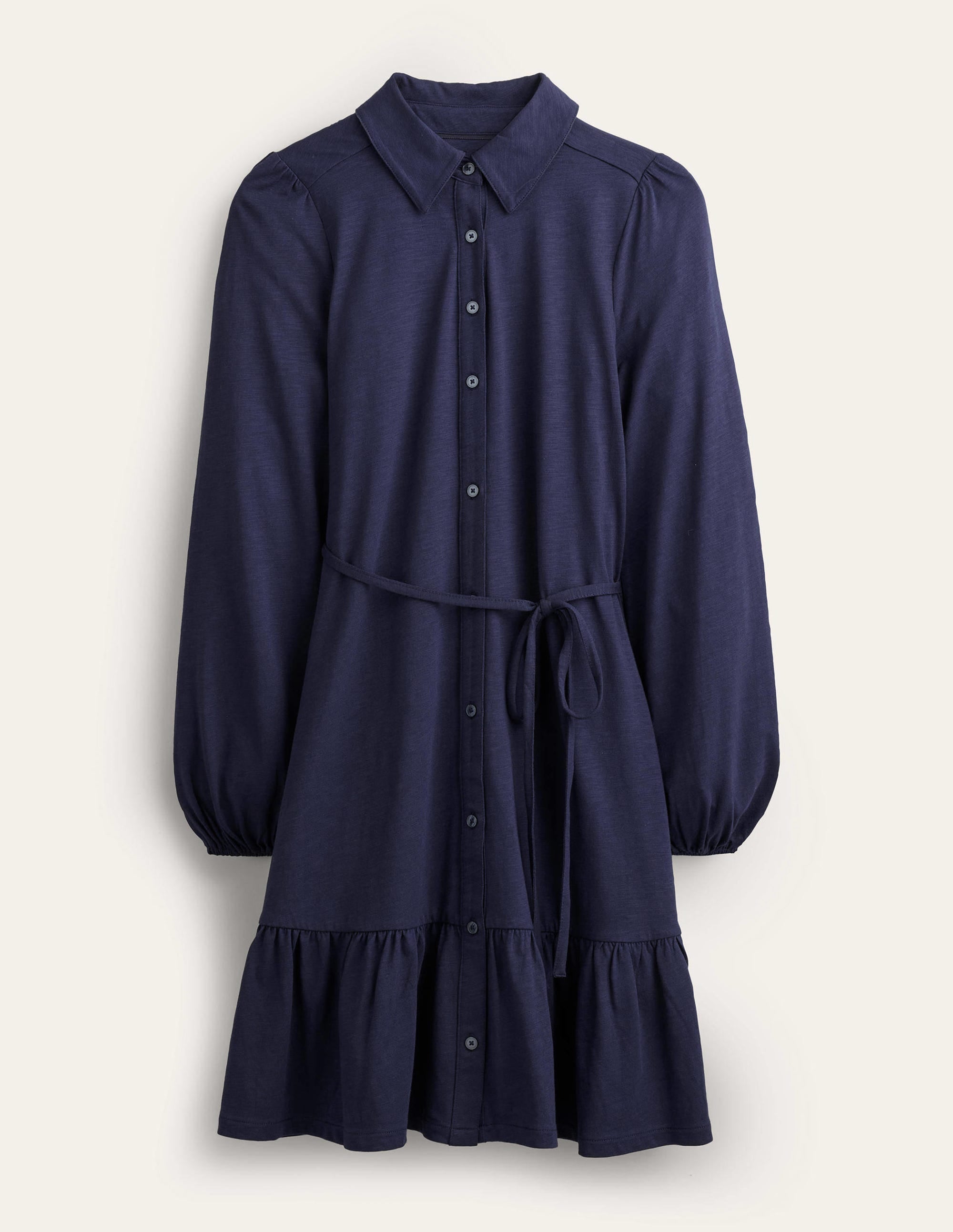 Mini robe-chemise coupe trapèze à volants-Bleu marine - Image 5
