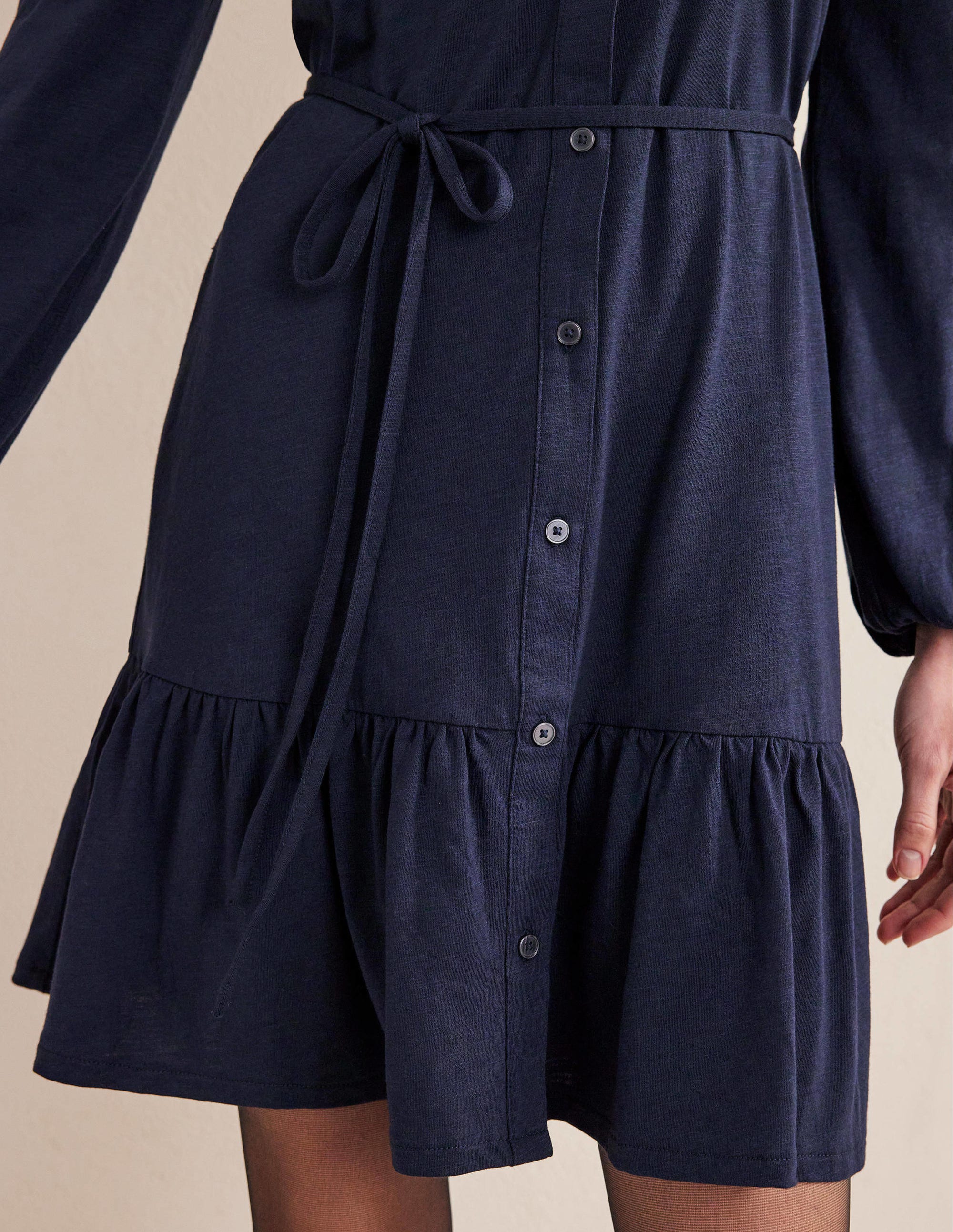 Mini robe-chemise coupe trapèze à volants-Bleu marine - Image 2