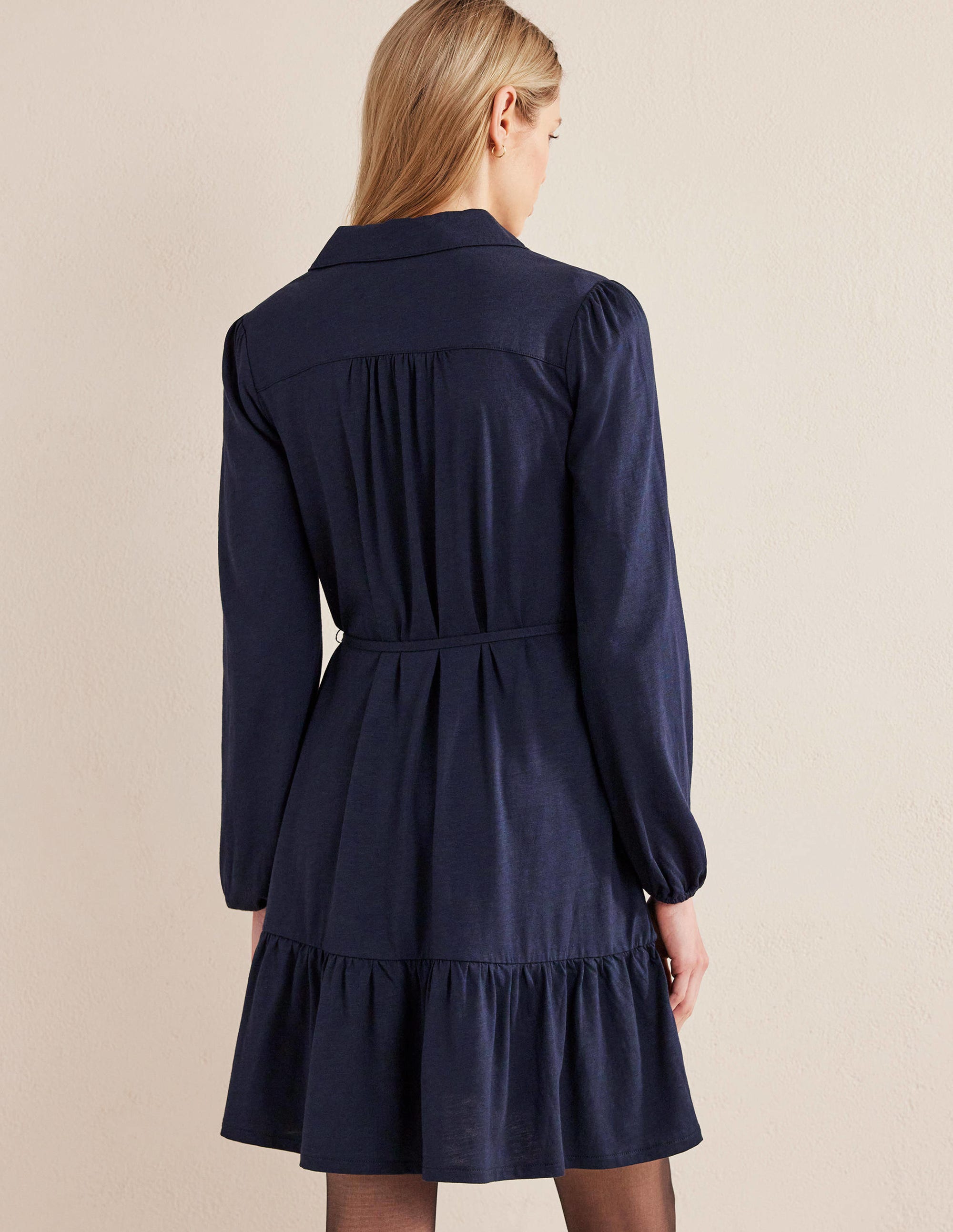 Mini robe-chemise coupe trapèze à volants-Bleu marine - Image 3