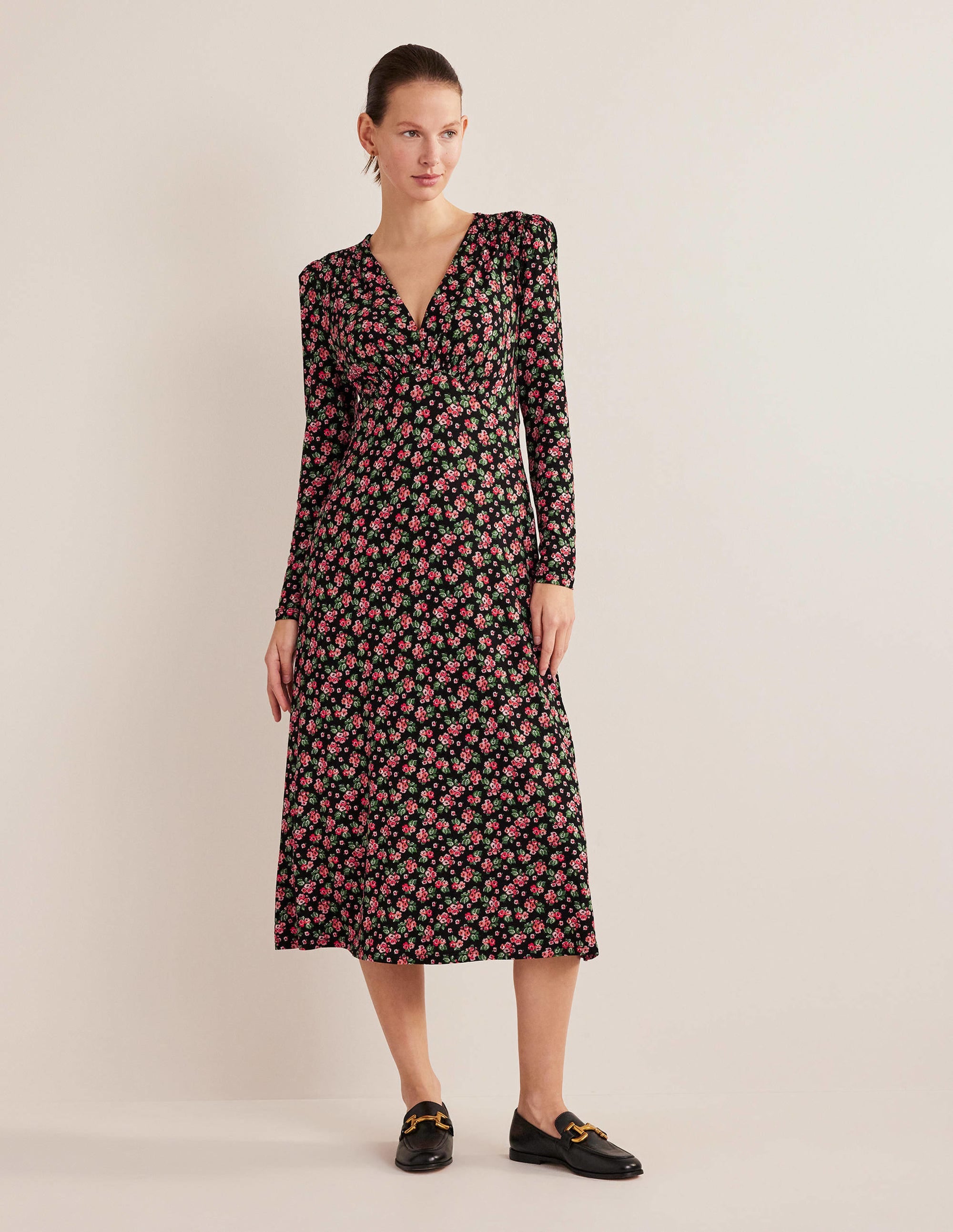 Robe midi style 40s en jersey-Noir, motif Diamond Rose - Image 1