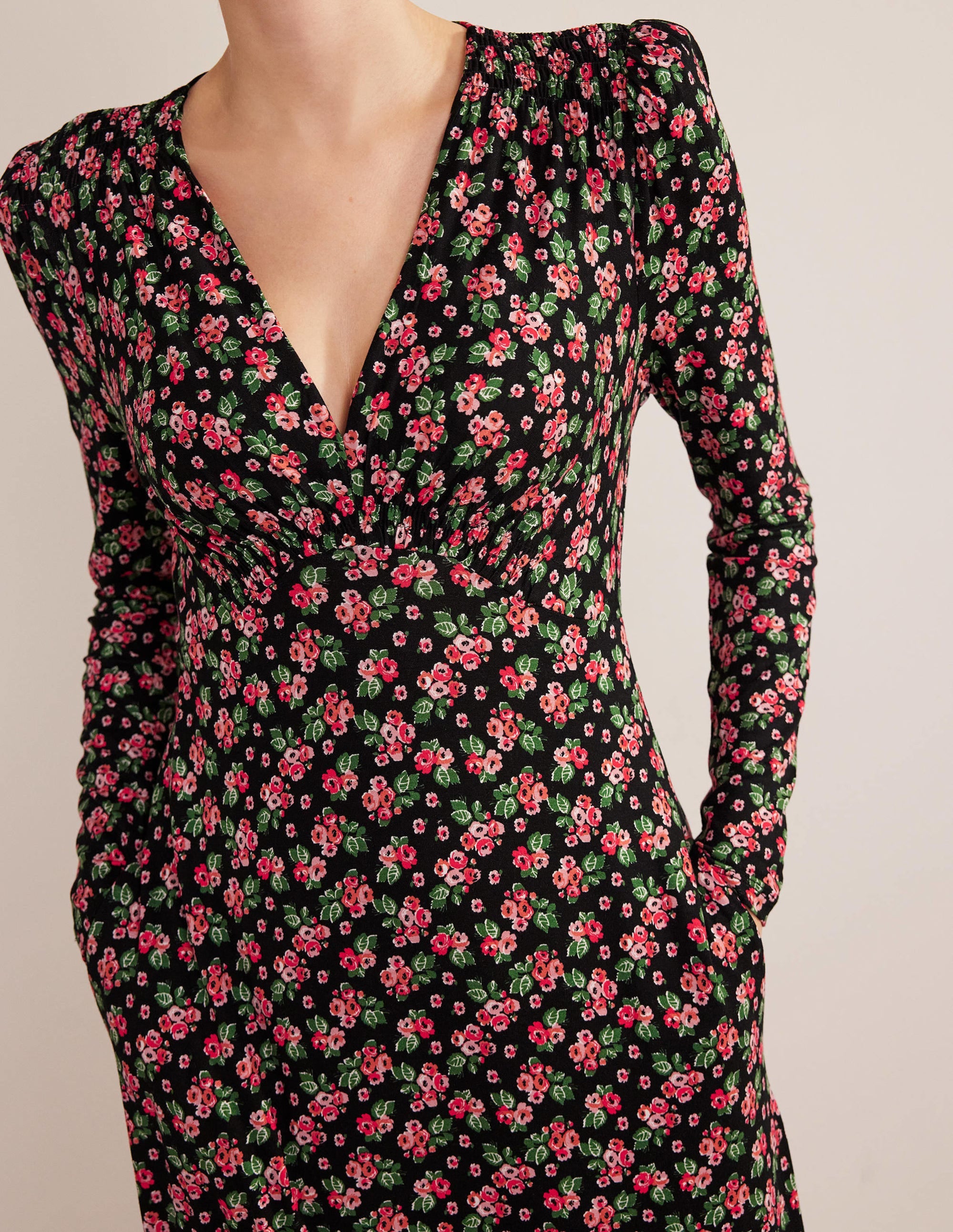 Robe midi style 40s en jersey-Noir, motif Diamond Rose - Image 2