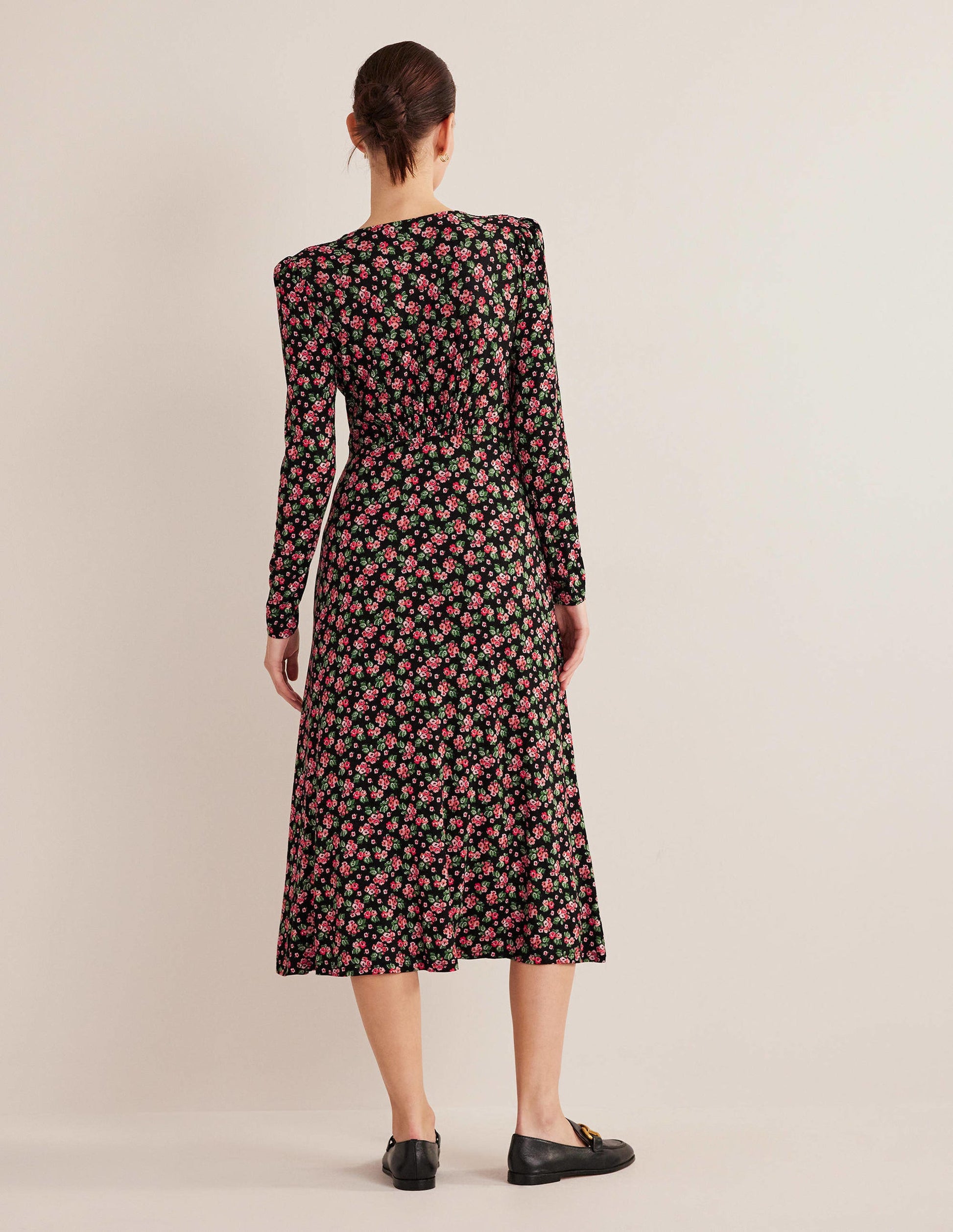 Robe midi style 40s en jersey-Noir, motif Diamond Rose-3