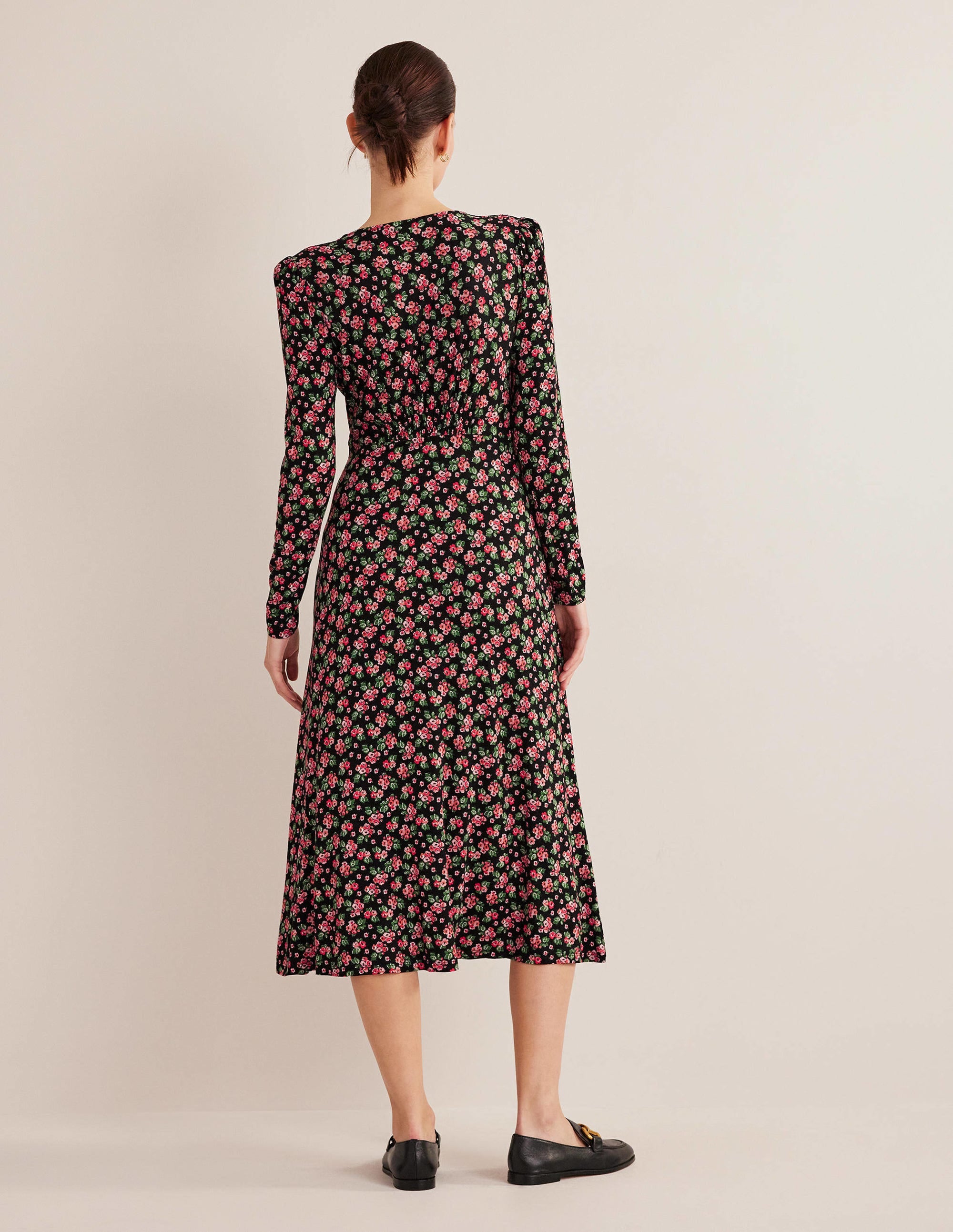 Robe midi style 40s en jersey-Noir, motif Diamond Rose - Image 3