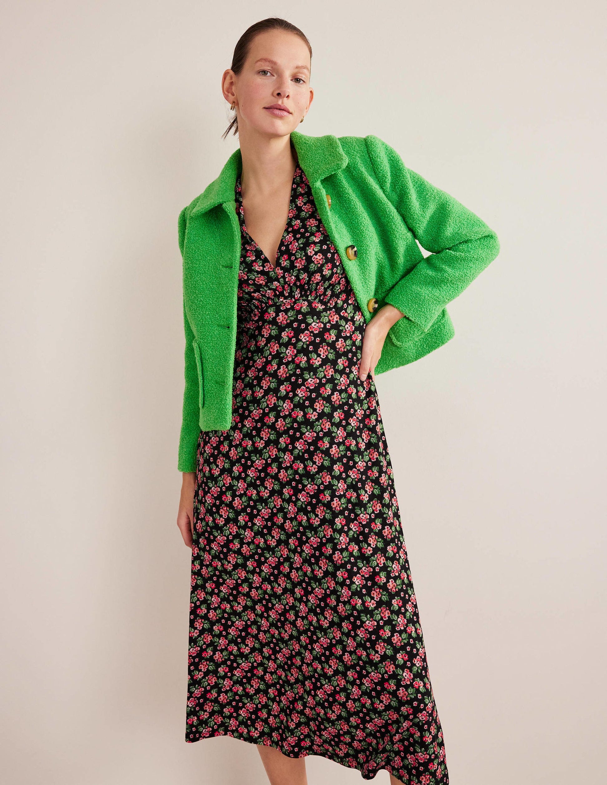 Robe midi style 40s en jersey-Noir, motif Diamond Rose-4