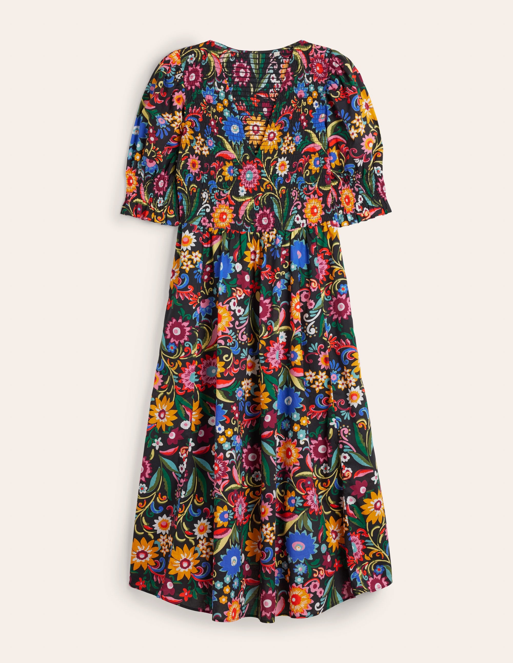 Midikleid mit gesmoktem Oberteil-Schwarz, Knallige Gardenie - Image 6