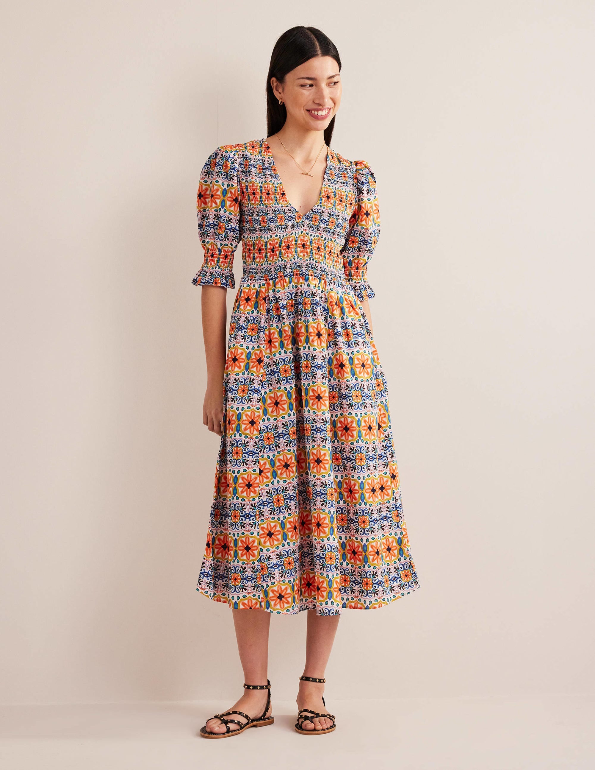 Gesmoktes Midikleid aus Leinen-Bunt, Gestreiftes Gobelinmuster - Image 1