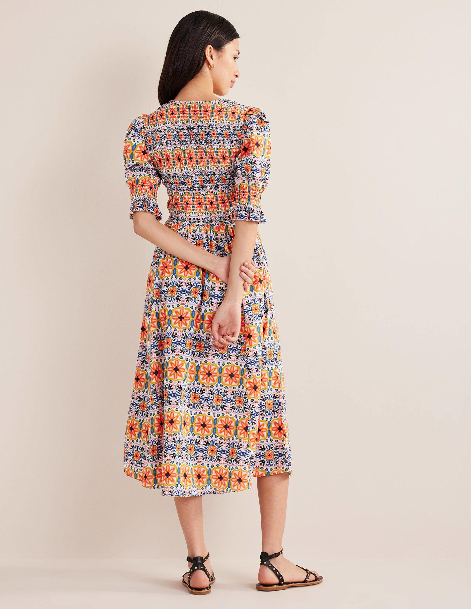 Gesmoktes Midikleid aus Leinen-Bunt, Gestreiftes Gobelinmuster-3