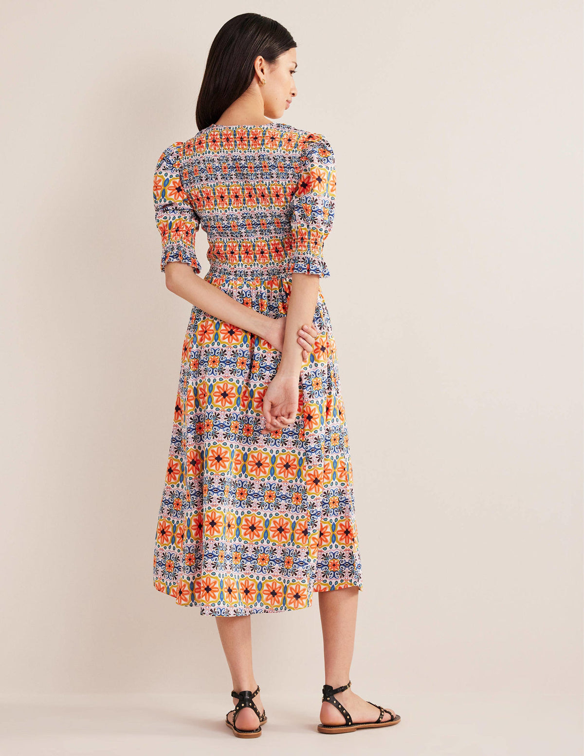 Gesmoktes Midikleid aus Leinen-Bunt, Gestreiftes Gobelinmuster - Image 3