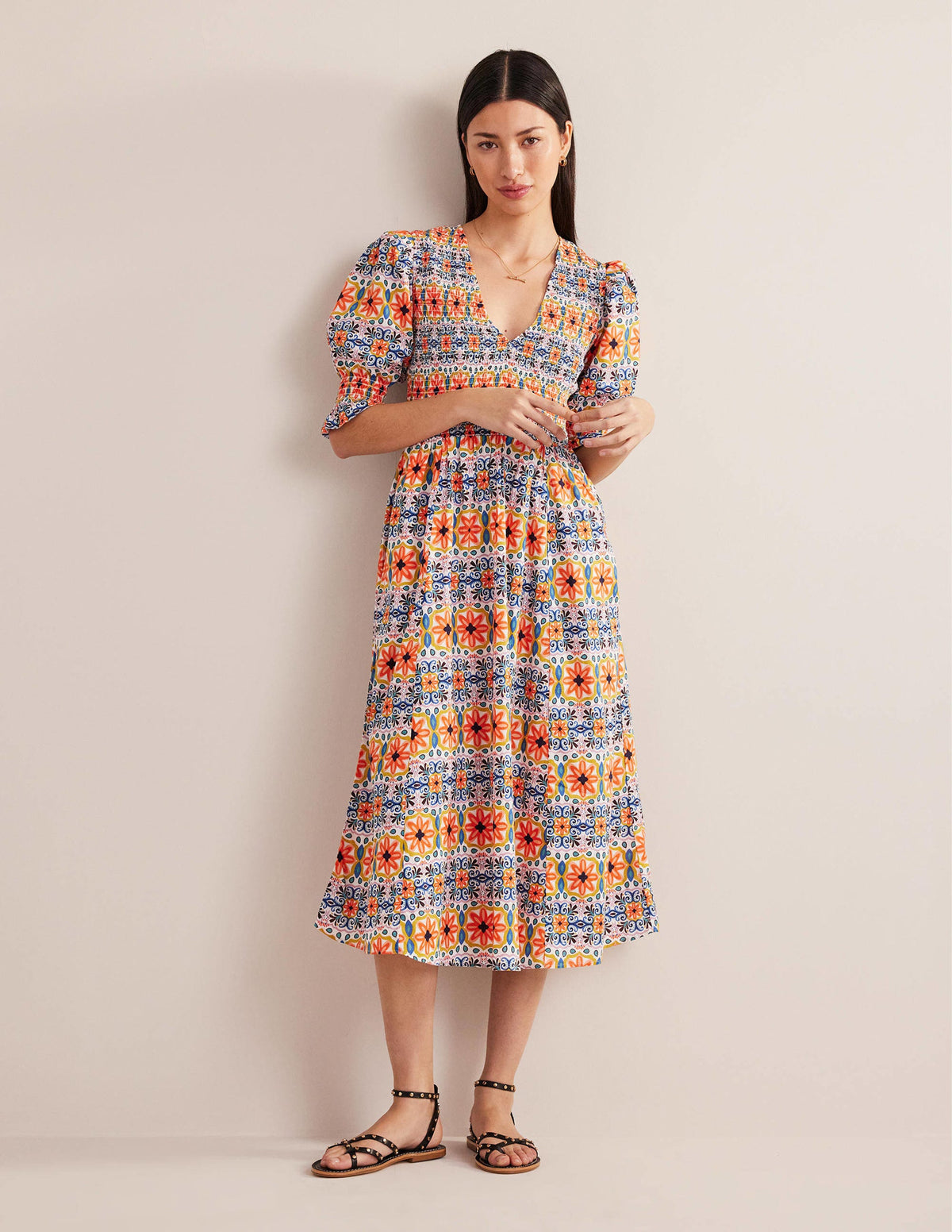 Gesmoktes Midikleid aus Leinen-Bunt, Gestreiftes Gobelinmuster - Image 4