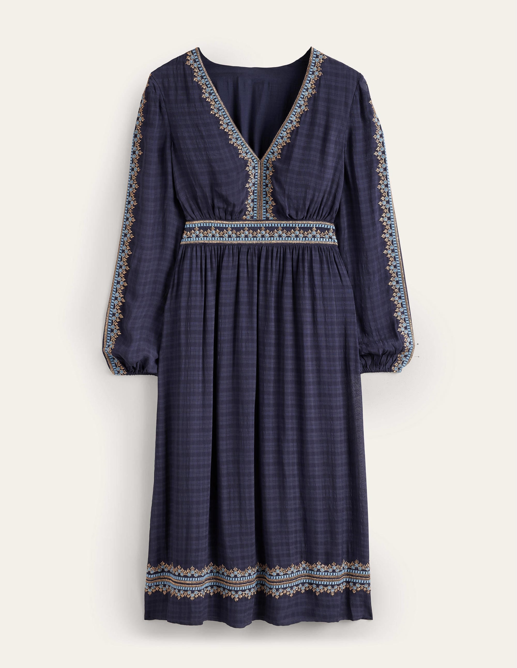 Robe midi brodée à col V-Bleu marine - Image 5
