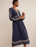Robe midi brodée à col V-Bleu marine