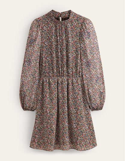 Ausgestelltes Minikleid mit hohem Kragen-Schwarz, Blüten-Toile