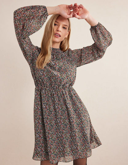 Ausgestelltes Minikleid mit hohem Kragen-Schwarz, Blüten-Toile