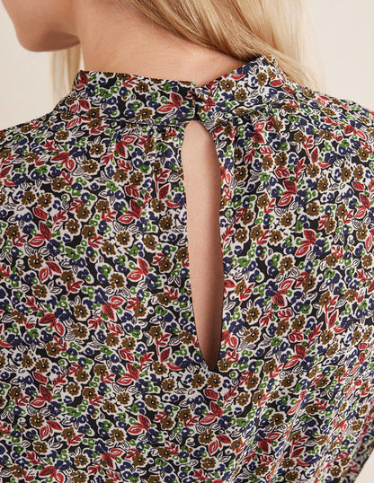 Ausgestelltes Minikleid mit hohem Kragen-Schwarz, Blüten-Toile