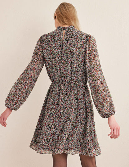 Ausgestelltes Minikleid mit hohem Kragen-Schwarz, Blüten-Toile