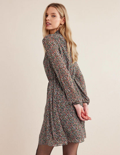 Ausgestelltes Minikleid mit hohem Kragen-Schwarz, Blüten-Toile