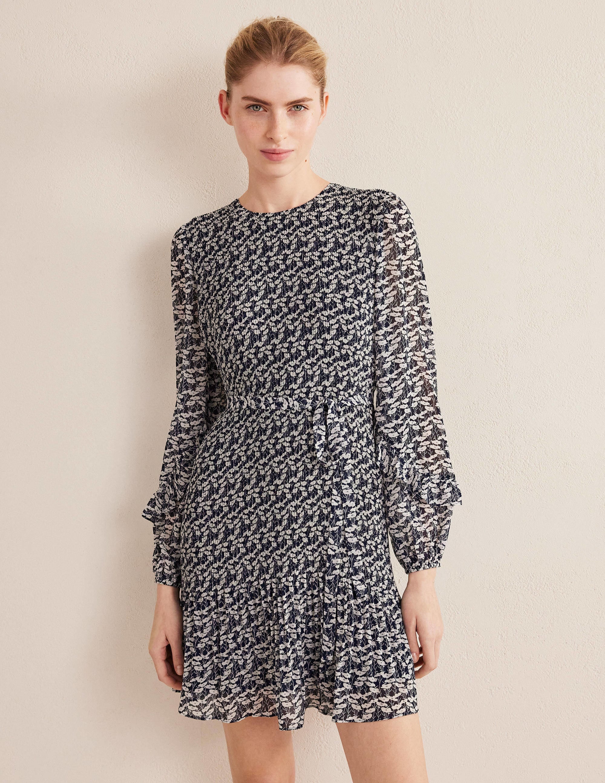 Mini-robe plissée-Bleu marine foncé, motif Poppy Vine - Image 1