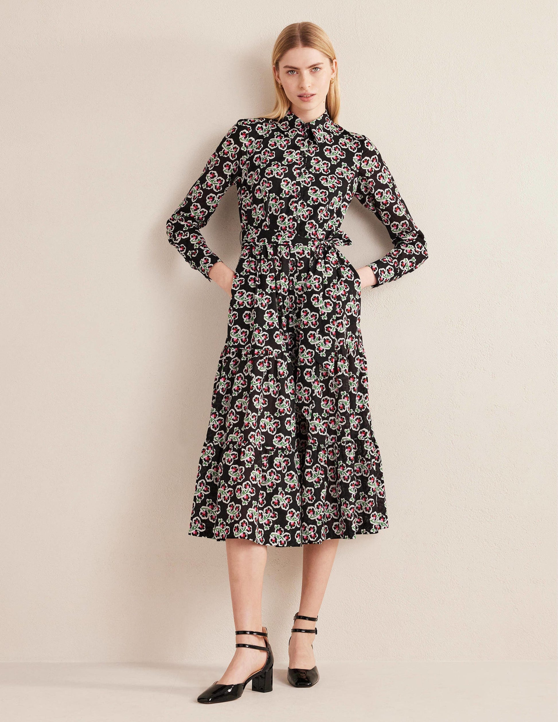 Robe-chemise midi Flo en coton-Noir, motif Petal Blossom-1