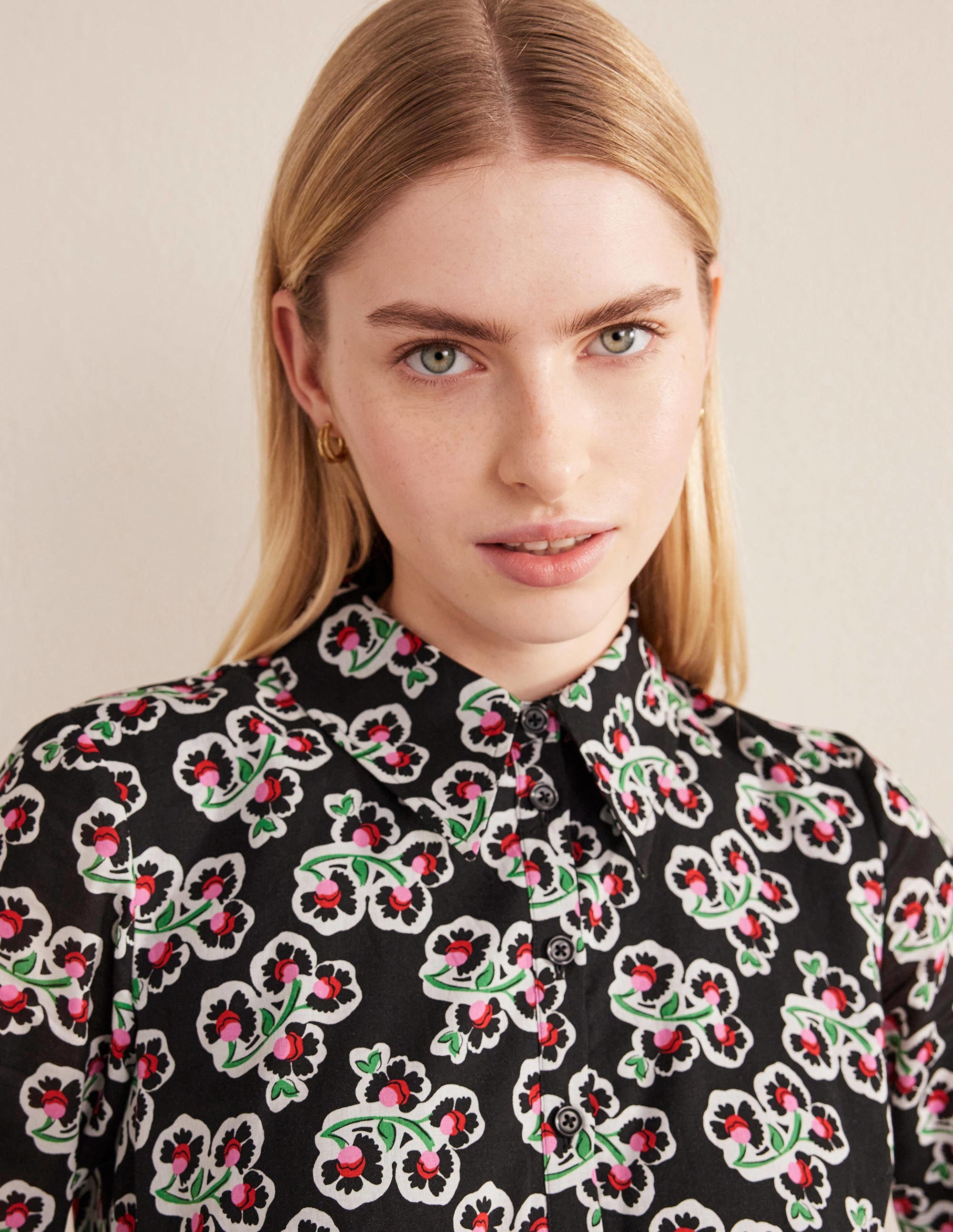 Robe-chemise midi Flo en coton-Noir, motif Petal Blossom - Image 2