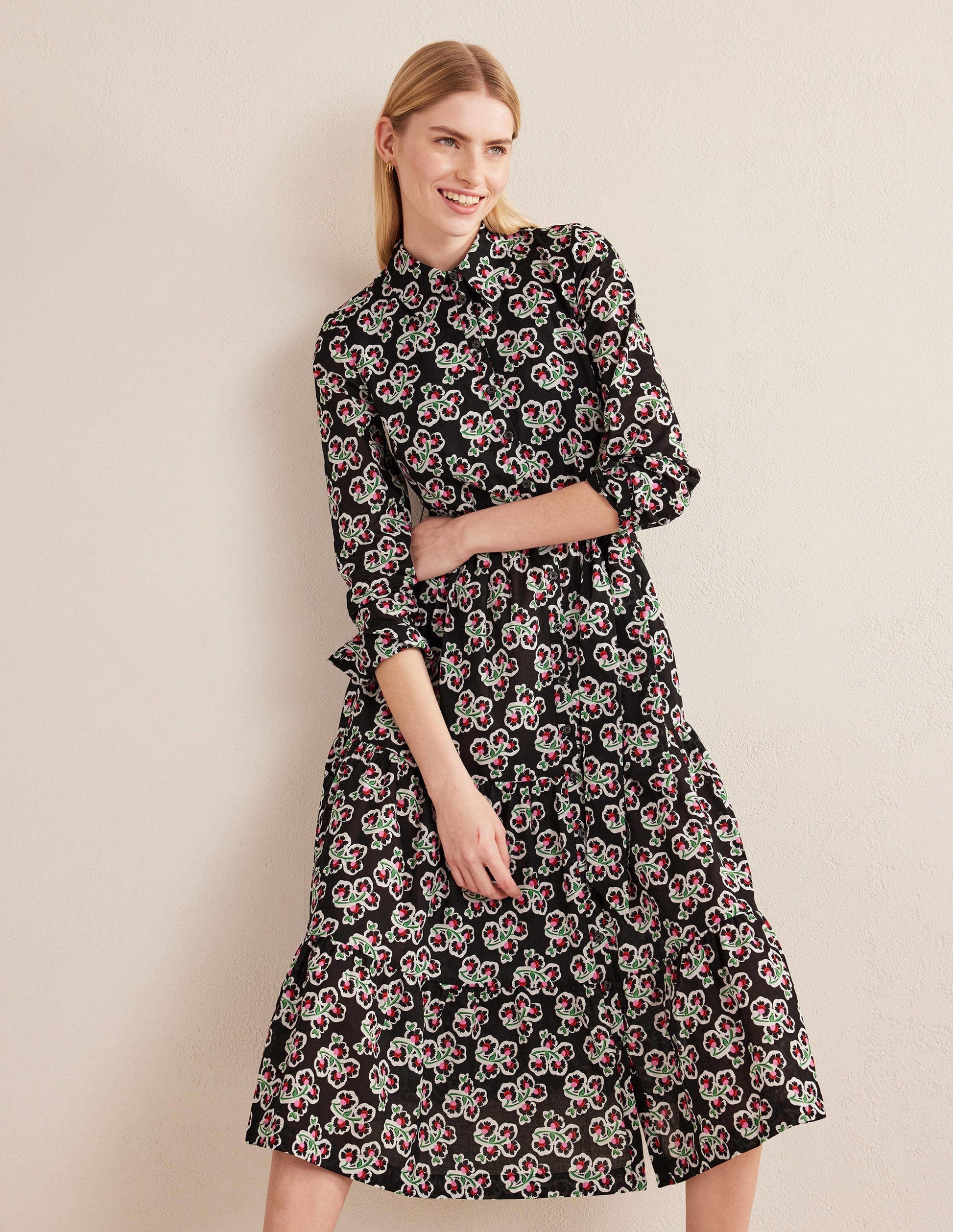 Robe-chemise midi Flo en coton-Noir, motif Petal Blossom-4