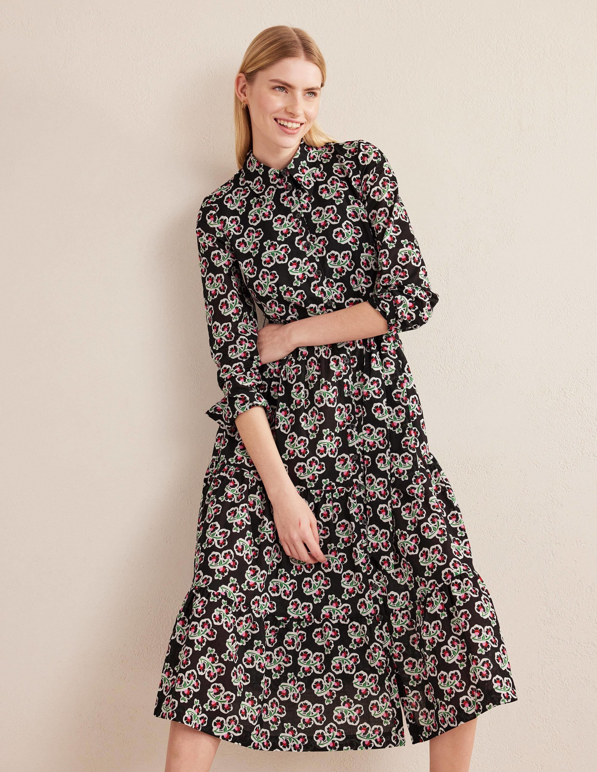 Robe-chemise midi Flo en coton-Noir, motif Petal Blossom - Image 4