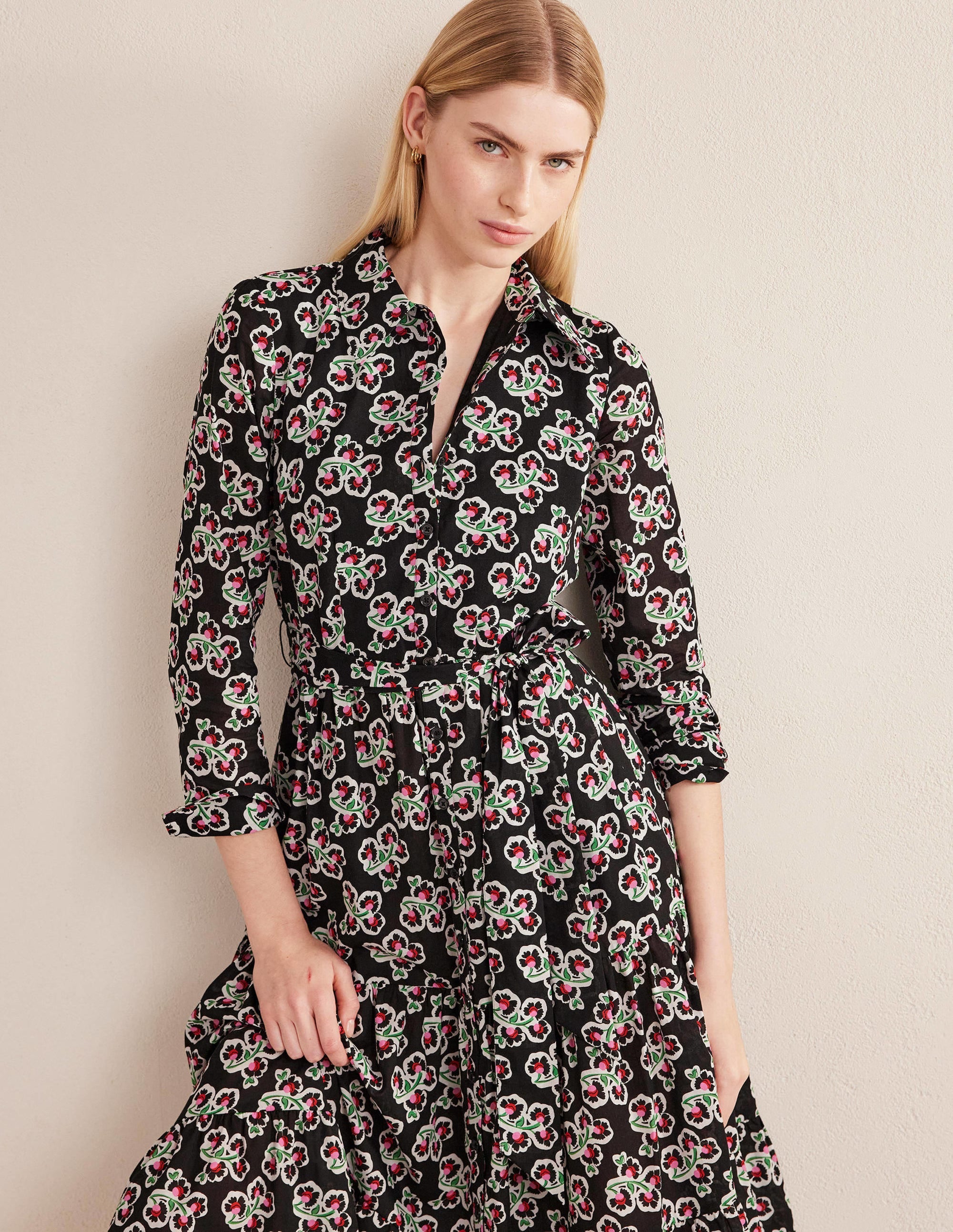 Robe-chemise midi Flo en coton-Noir, motif Petal Blossom - Image 5
