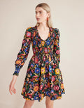 Mini-robe avec corsage à smocks-Noir, motif Gardenia Pop