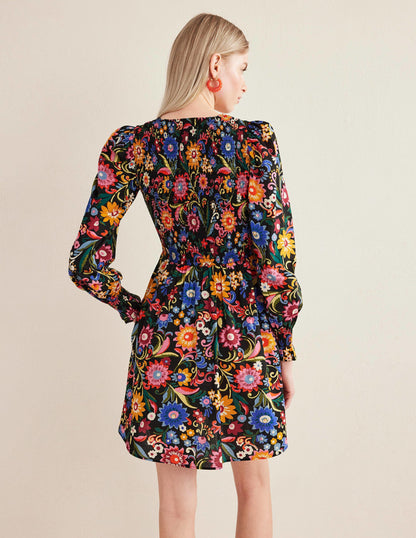 Minikleid mit gesmoktem Oberteil-Schwarz, Knallige Gardenie-3