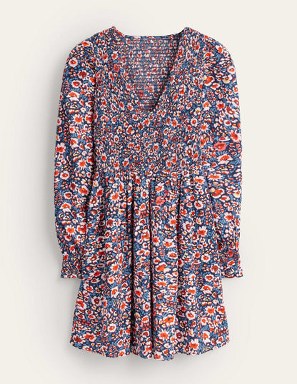 Minikleid mit gesmoktem Oberteil-Französisches Marineblau, Paradiesblüten