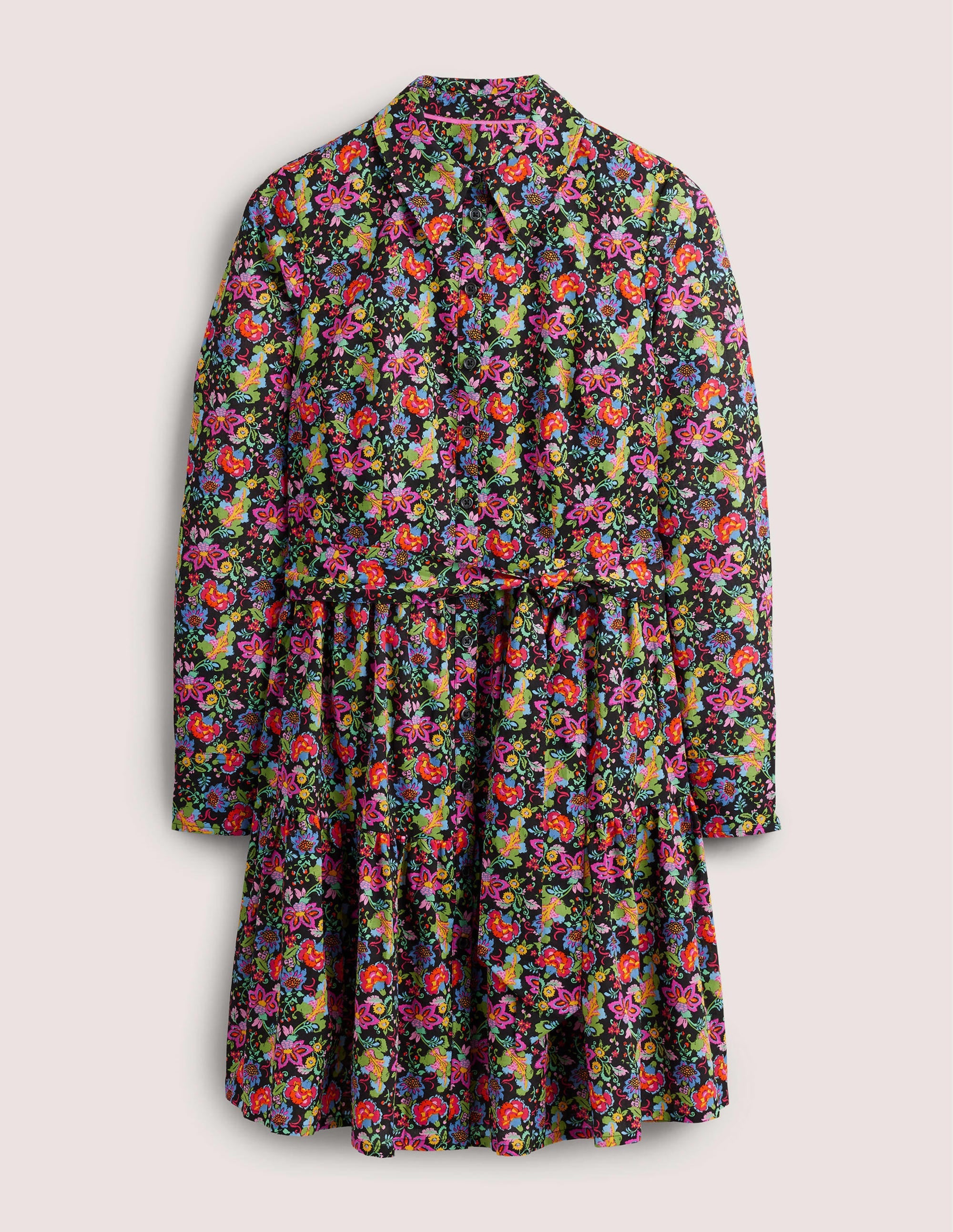 Mini-Hemdblusenkleid mit Stufen aus Baumwolle-Schwarz, Nelkengarten - Image 6