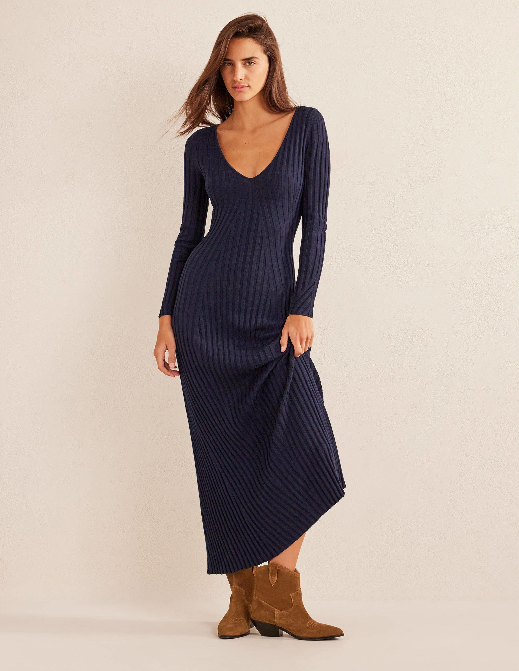 Geripptes Maxi-Strickkleid-Marineblau - Image 2