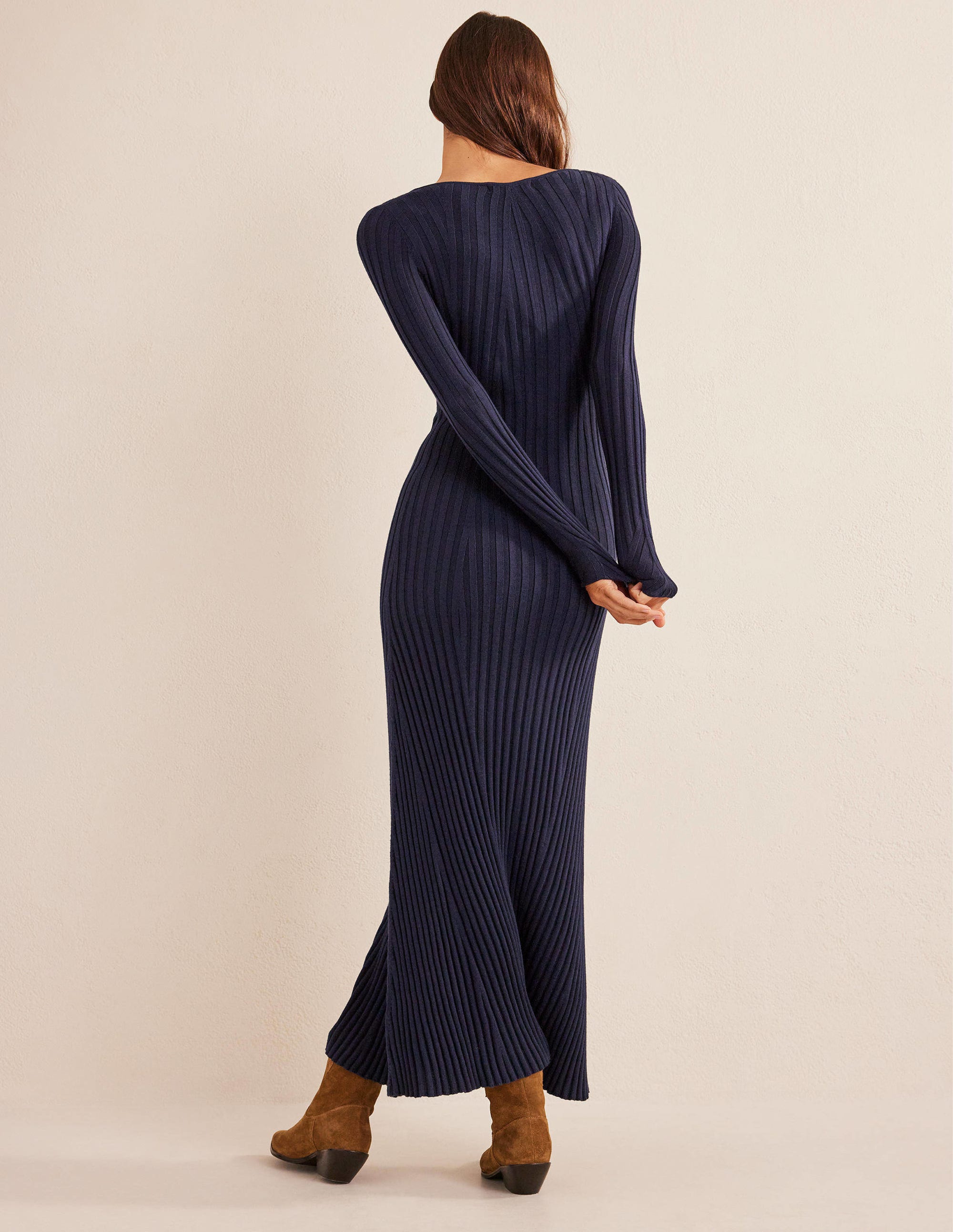 Geripptes Maxi-Strickkleid-Marineblau - Image 4